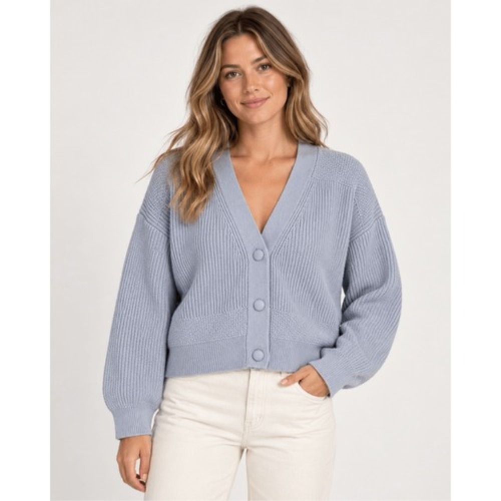 7 For All Mankind Small Light Blue Gray Chunky Knit V Neck Cardigan Sweater Soft